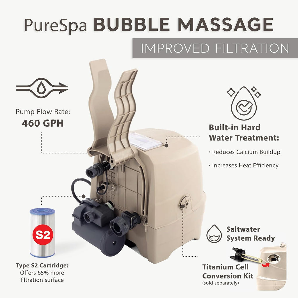 PureSpa 4 Person Inflatable Hot Tub with Energy-Efficient Spa Cover | 28479EH Bubble Massage: Saltwater System