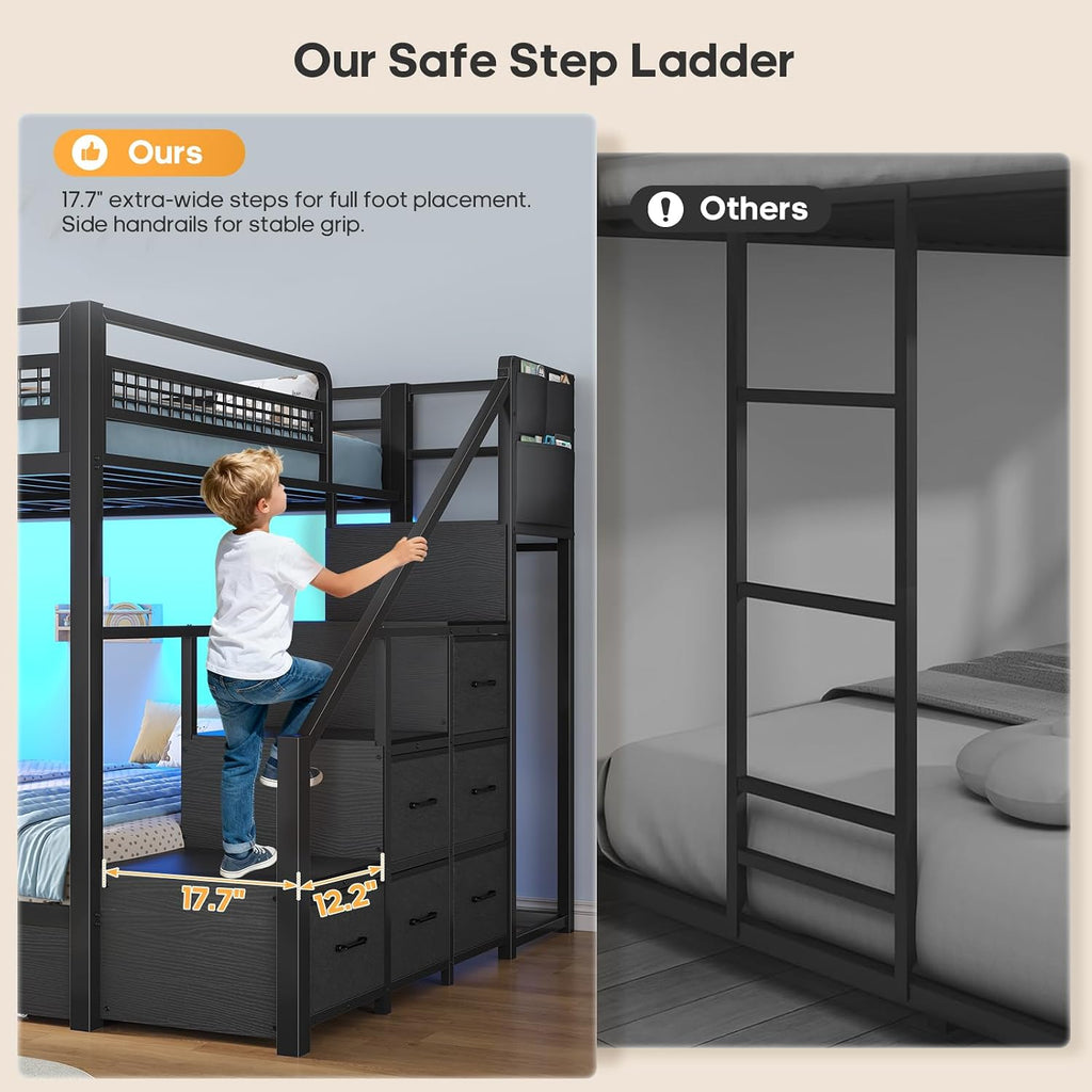 Bunk Bed Full Over Full with Stairs, LED Lights Full Bunk Bed with 2 Storage Drawers & 6 Fabric Drawers