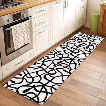 Abstract Line Runner Rug Non Slip 2x6 Retro Black Wave Line Art White Minimalist Washable Rug Runner s Low Pile