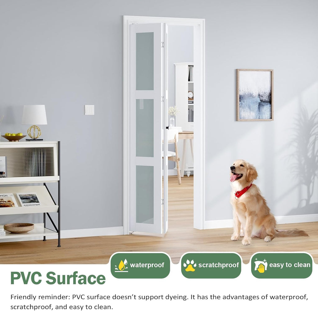 Bifold Doors for 32"×80-3/4" Opening, Preassembled White Frosted Glass Folding Barn Door, Sliding Interior Wood Panel