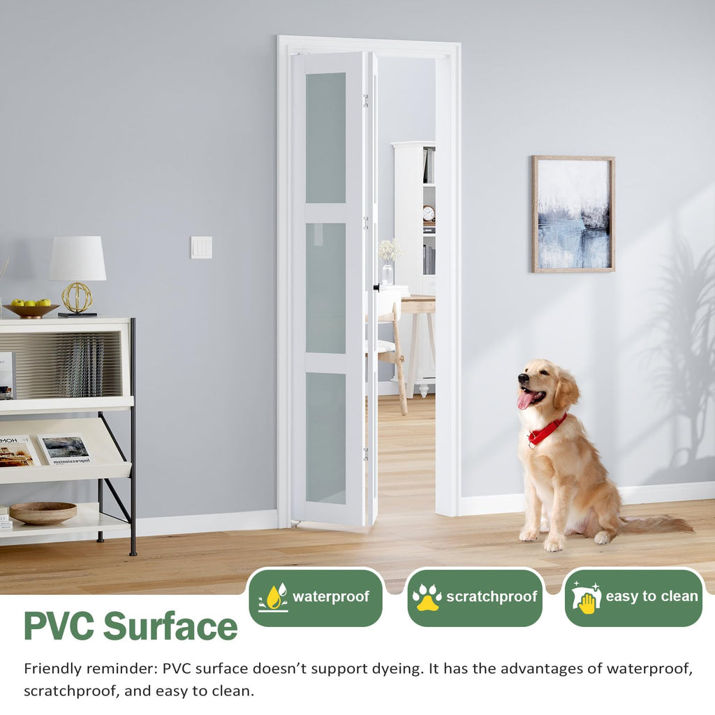 Bifold Doors for 30"×80-3/4" Opening, White Frosted Glass Folding Barn Door, Sliding Interior Wood Panel Closet