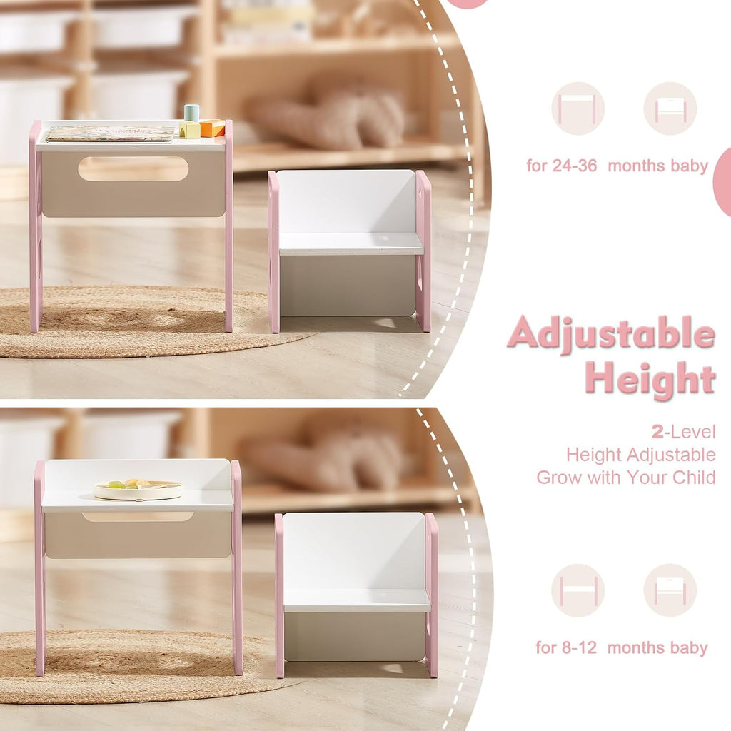 Height Adjustable Montessori Table and Chair Set for Age 1-3, Solid Wood Toddler Table and Chair Set, Weaning Baby