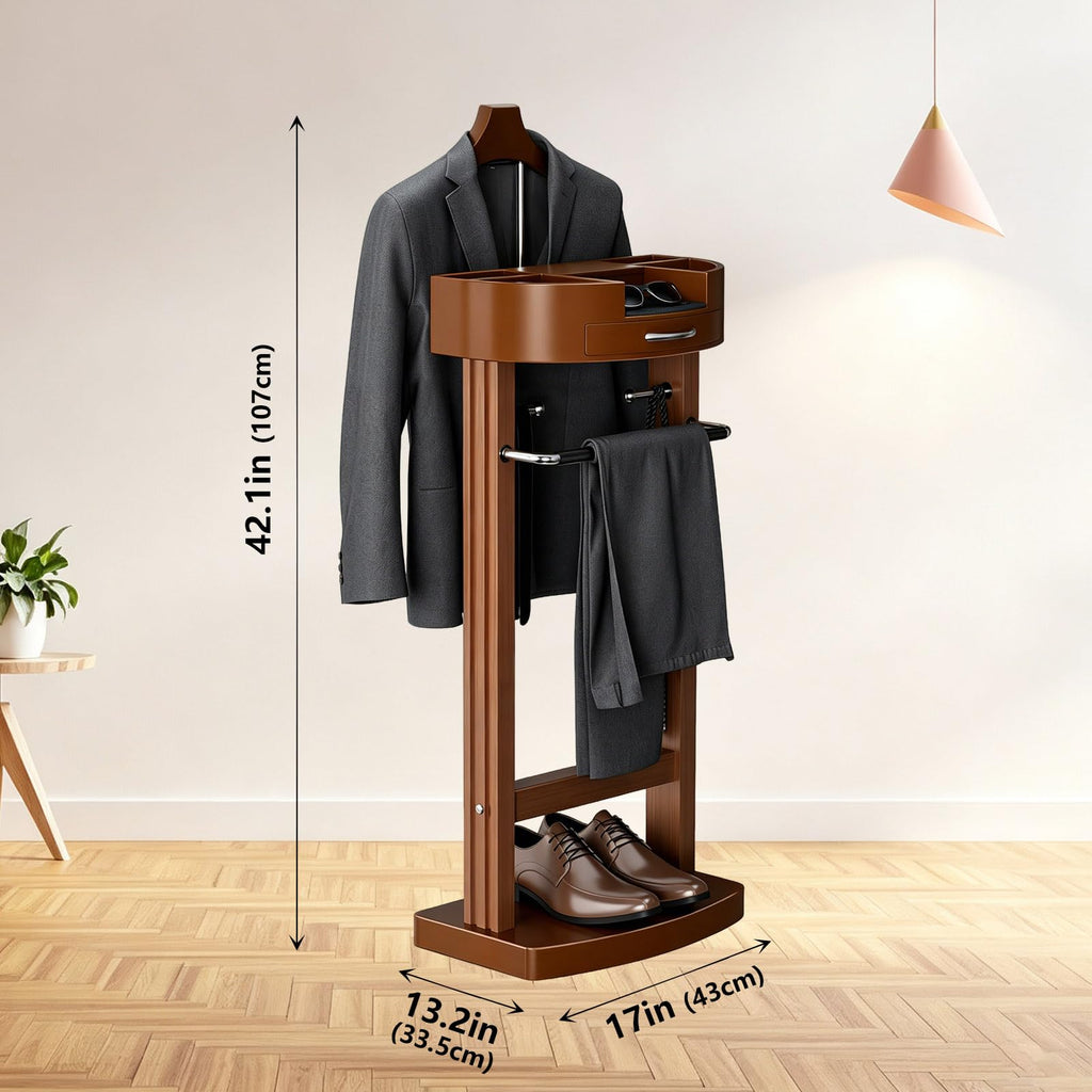 Wooden Suit Valet Stand with Drawer and Shoe Rack, Suit Stand for Men