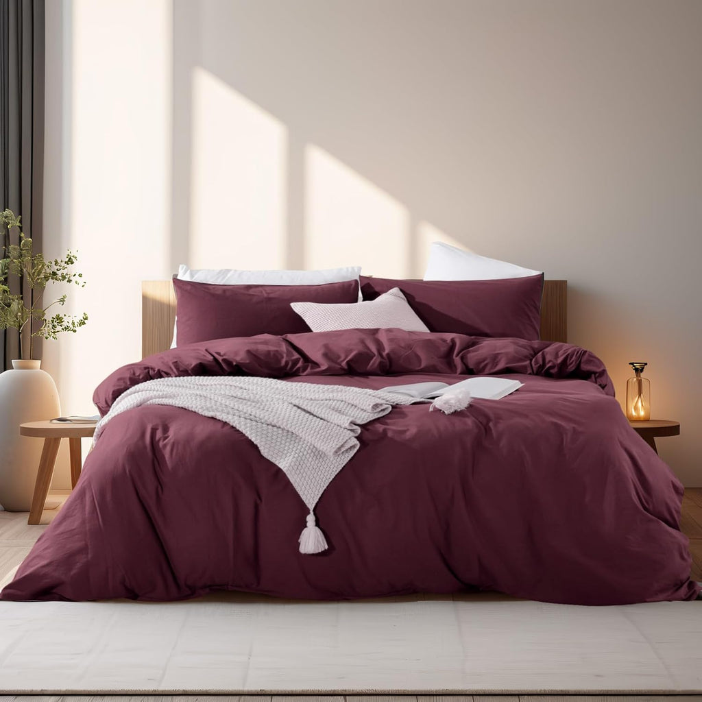 Duvet Cover Set Queen Linen Look Textured 100% Washed Cotton Duvet Cover Burgundy Dark Red 3 Pieces Bedding Set with
