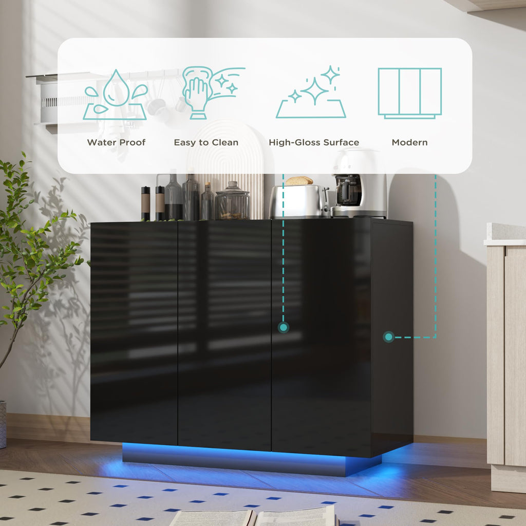 Modern 39.4" High Gloss Buffet Cabinet with LED Lights, Black