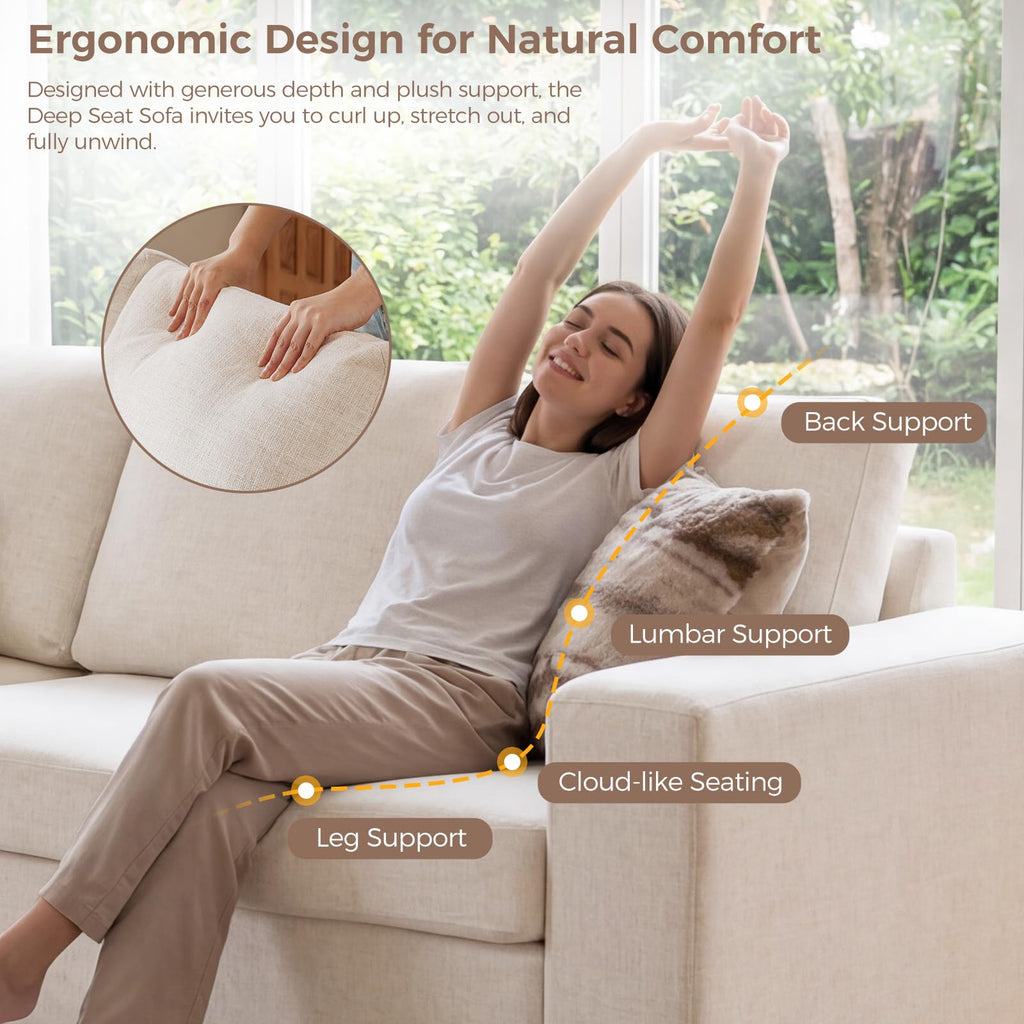 85" Modern Couches, Natural Linen 3 Seat Sofa, Comfy Deep Seat Sofa, Spring Cushions, Removable Cover, Solid Wood