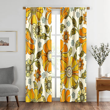 Daisy Flower Pattern Window Drapes Curtain Colorful Large Floral Retro 70S Style Rod Pocket Drapes Curtain Home Decor