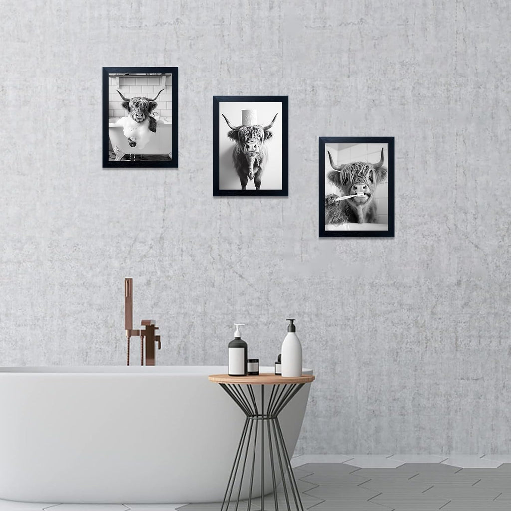 Highland Cow Bathroom Decor Framed Wall Art Farmhouse Black and White 3pcs Funny Animal In Toilet Picture Prints Cute