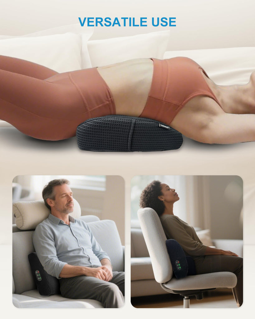 Lumbar Support Pillow Chair - Heated Back Support Pillow with Vibration Massage, Ergonomic Back Massager for Chair