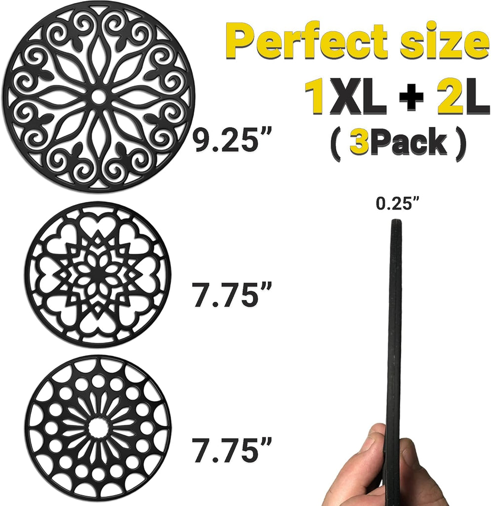 3 Set Silicone Trivet Mats with 1 Extra Large Included | Intricately Carved Insulated Flexible Durable Non Slip Thick