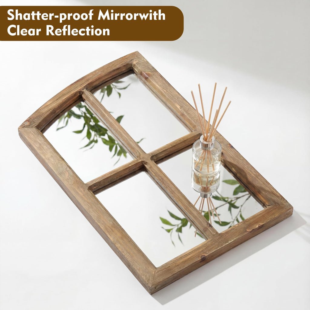 Farmhouse Arched Window Wall Mirrors with Rustic Wood Frame
