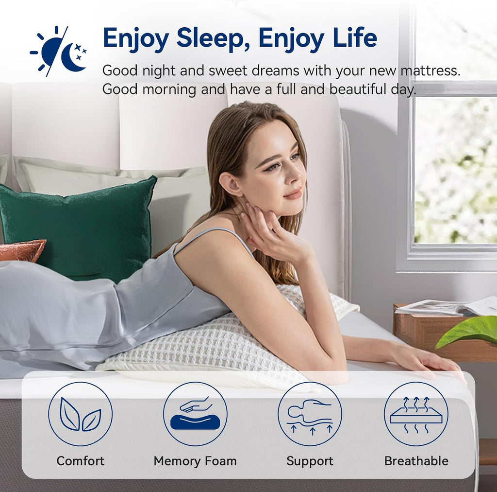 Memory Foam Mattress, Soft Plush Feel, Breathable, California King, White/Grey, 84 x 72 x 12 inches (LxWxH)