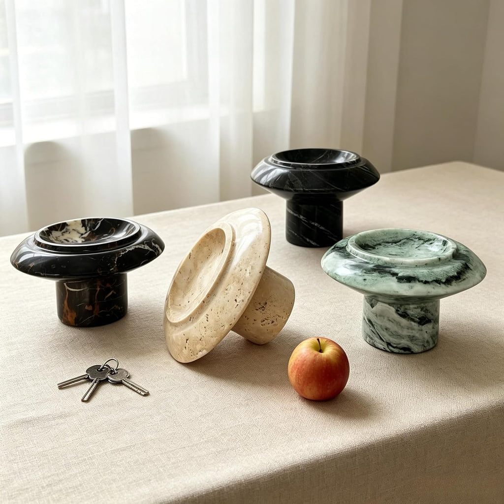 Green Natural Marble Mushroom Pedestal Tray 6.69" x 6.69" x 3.94", Decorative Footed Stone Bowl, Catchall Tray for