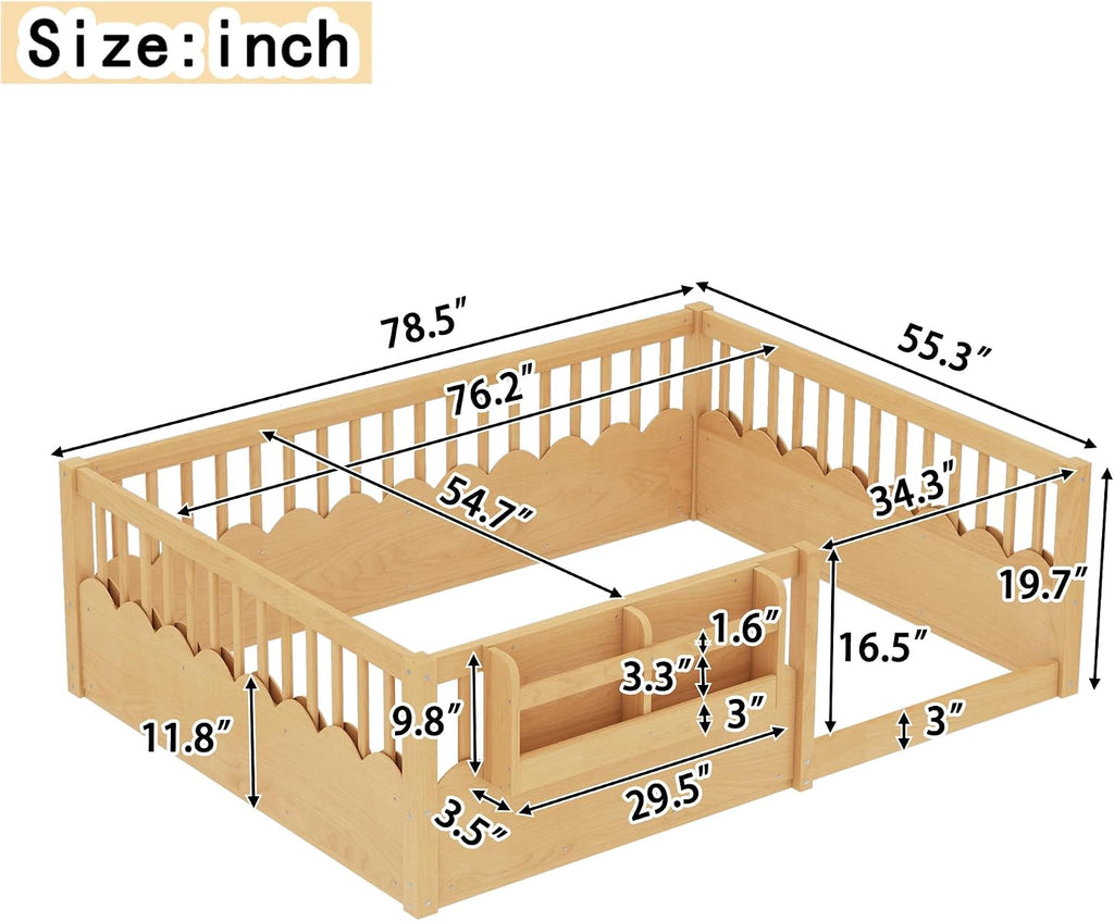Floor Bed with Fence and Bookshelf, Solid Wood Montessori Floor Bed Frame with Storage Shelves, Low Profile