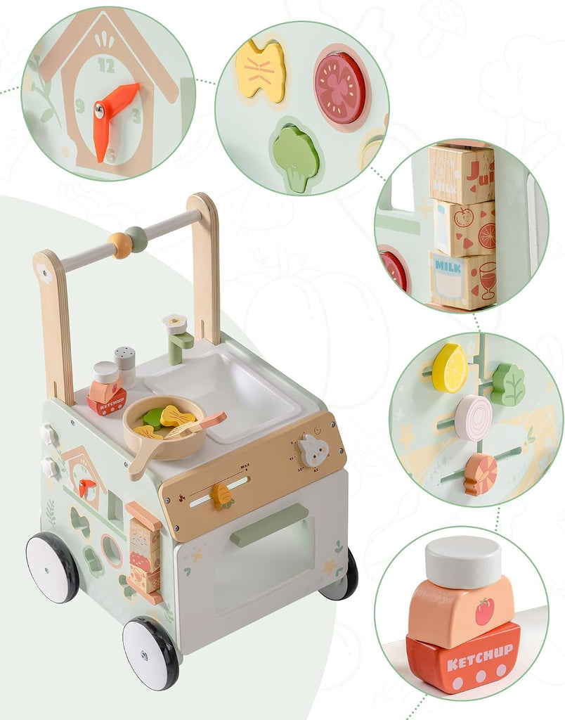 Wooden Baby Push Walker, Learning Walking Toys, Adjustable Height Baby Walker with Decelerator, Montessori Toys
