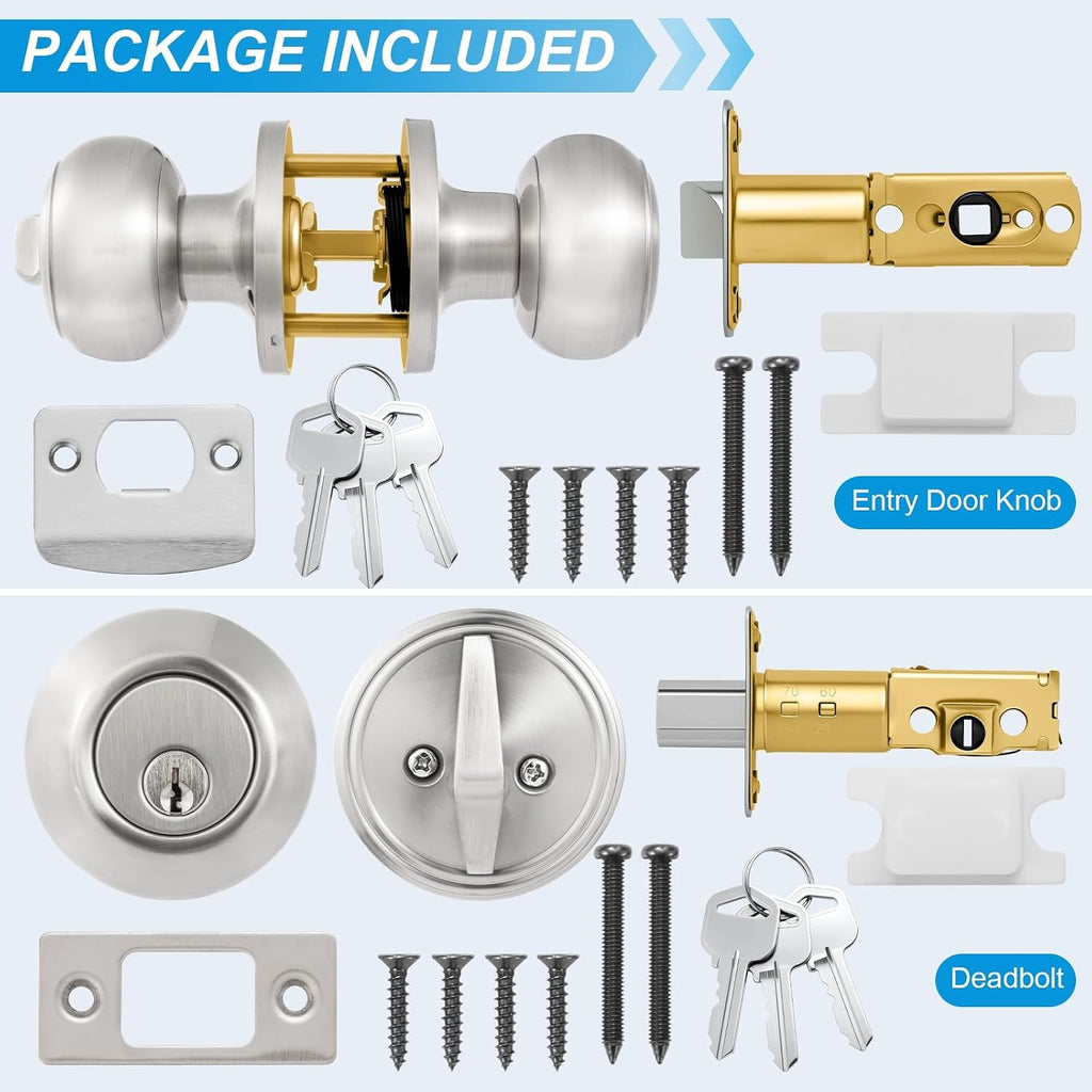 4 Pack Exterior Door Lock Set, Satin Nickel Door Knob and Deadbolt Combo Set, Keyed Alike Entry Door Knobs with