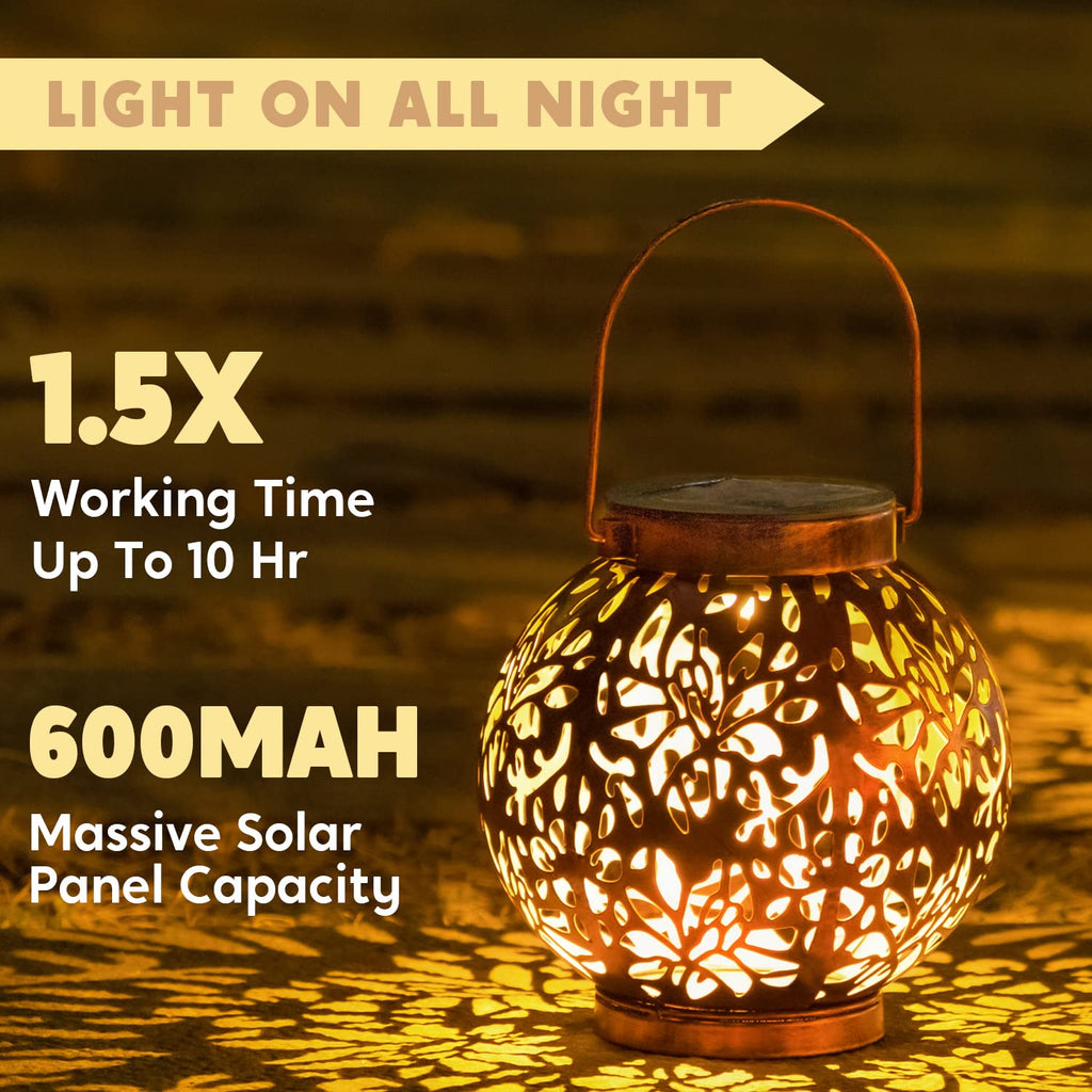 2 Pack Outdoor Solar Hanging Lantern Lights, Waterproof Tabletop with Handle, LED Moroccan Lanterns, Metal Decorative