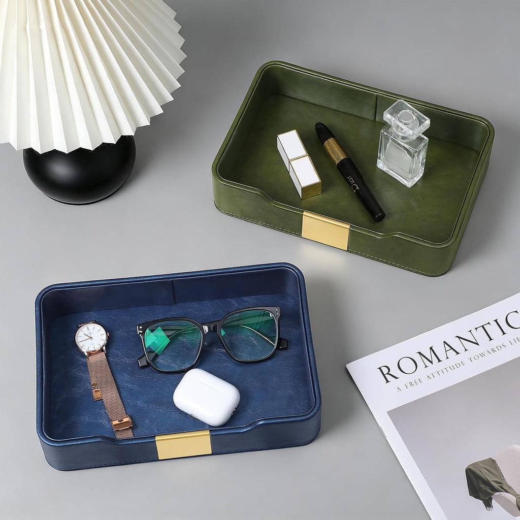 PU Leather Valet Tray, Nightstand Organizer, Catchall Tray, Blue