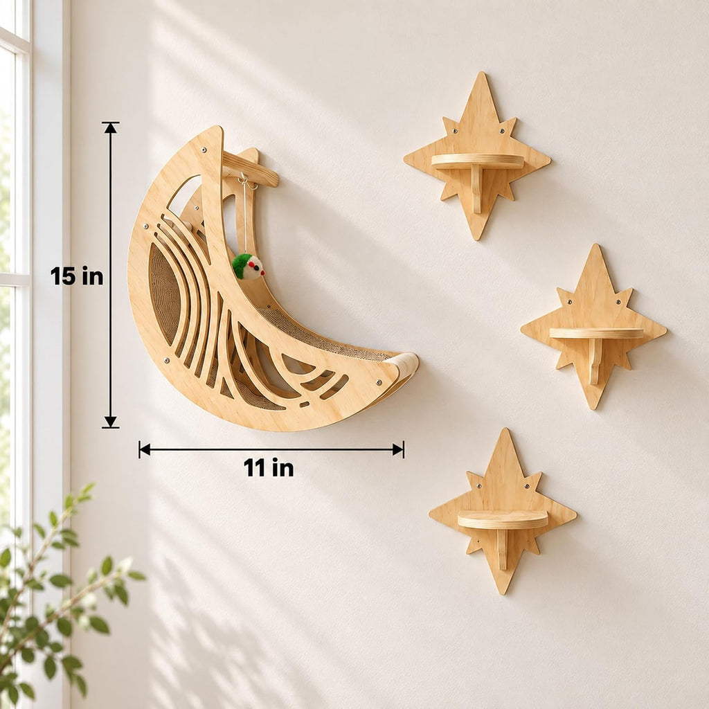 Cat Wall Shelves, Wooden Cat Wall Furniture with Moon Bed & 3 Star Steps, Cat Climbing Wall System, Floating Cat