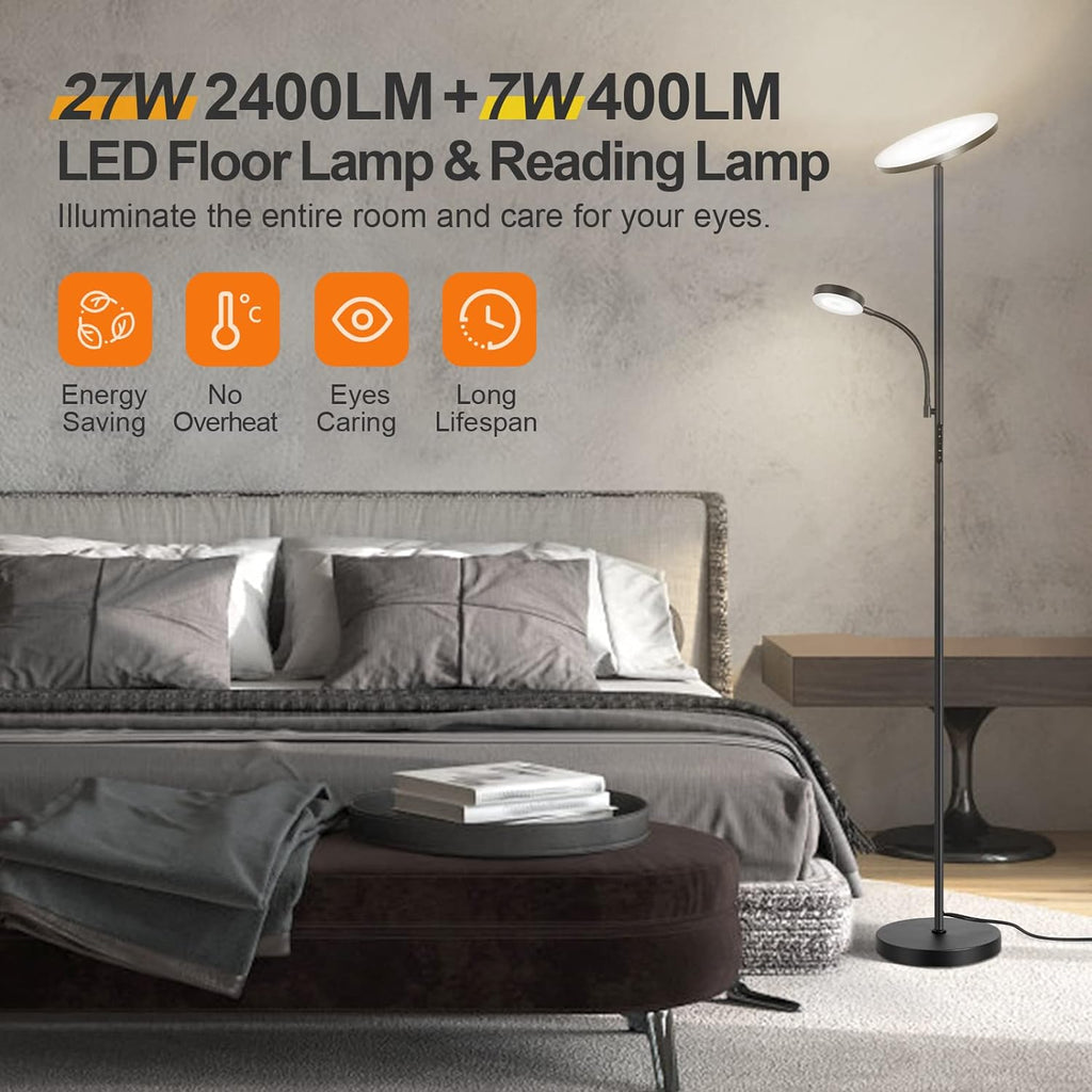 LED Floor Lamp, 27W/2400LM Modern Torchiere Lamp & 7W/ 400LM Reading Lamp