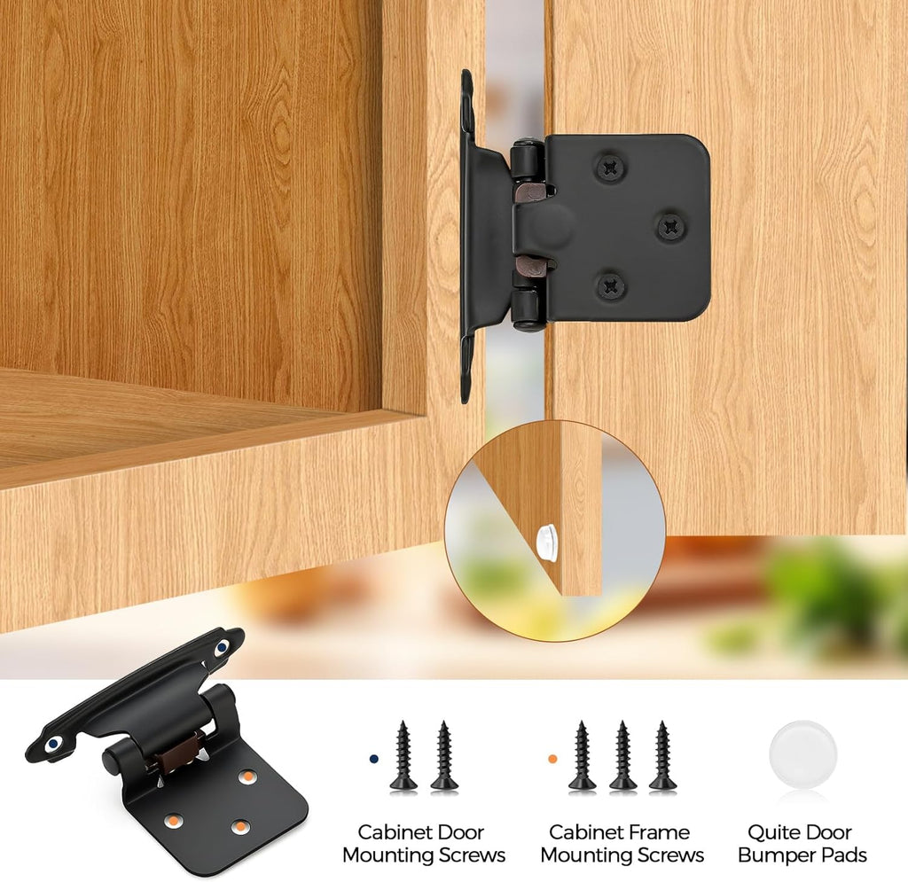4 Pack (2 Pairs) Matte Black Cabinet Hinges Doors, Self-Closing, 1/2 Inch Overlay (Variable), Semi-Concealed Face