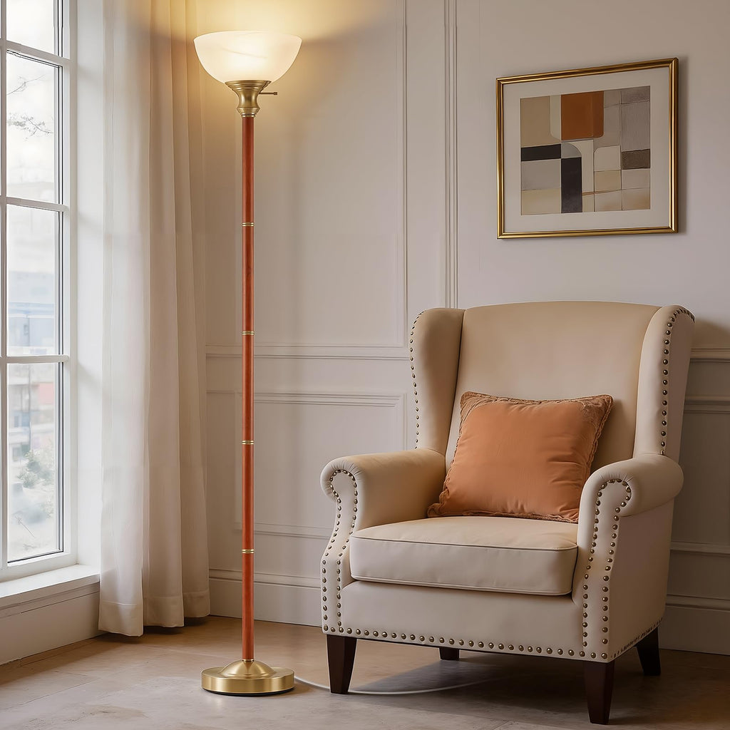 72" Wood Torchiere Floor Lamp with Glass Shade Gold Standing Lamp