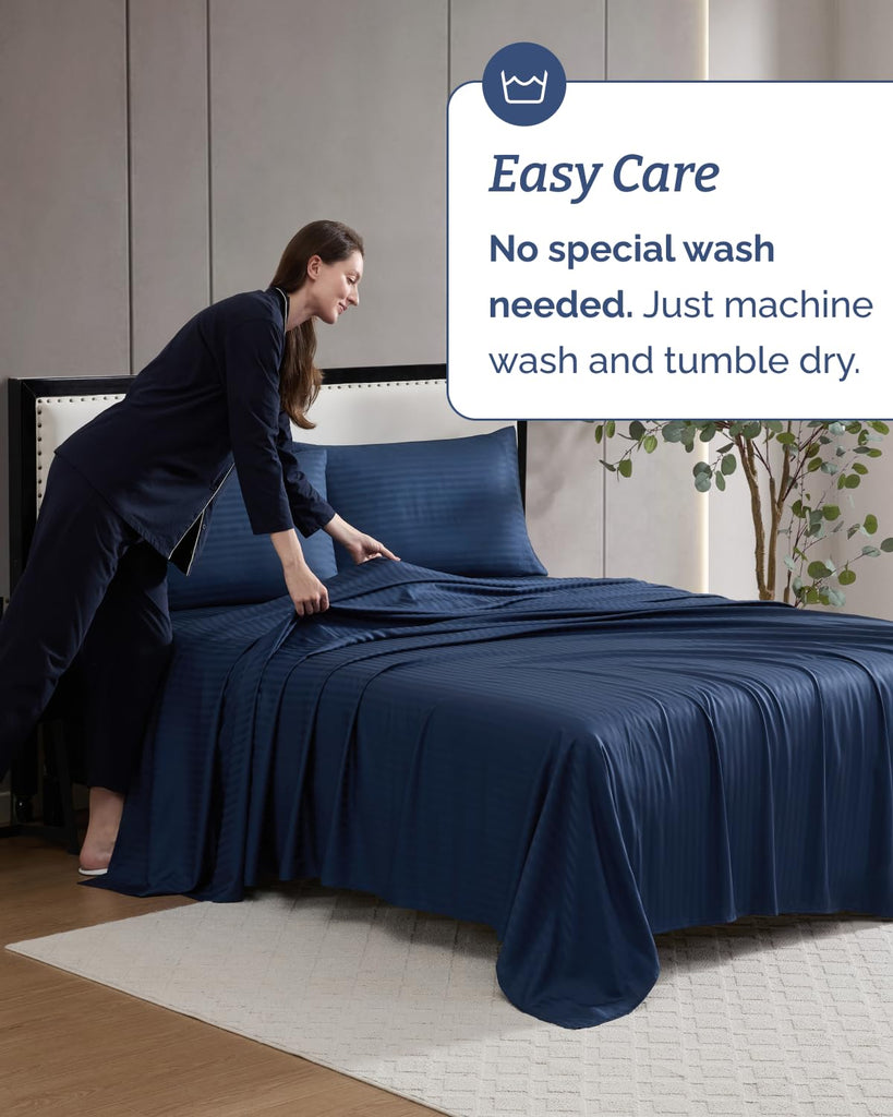 100% Rayon Derived from Bamboo - Bed Sheets Set Queen - Navy Blue Sateen
