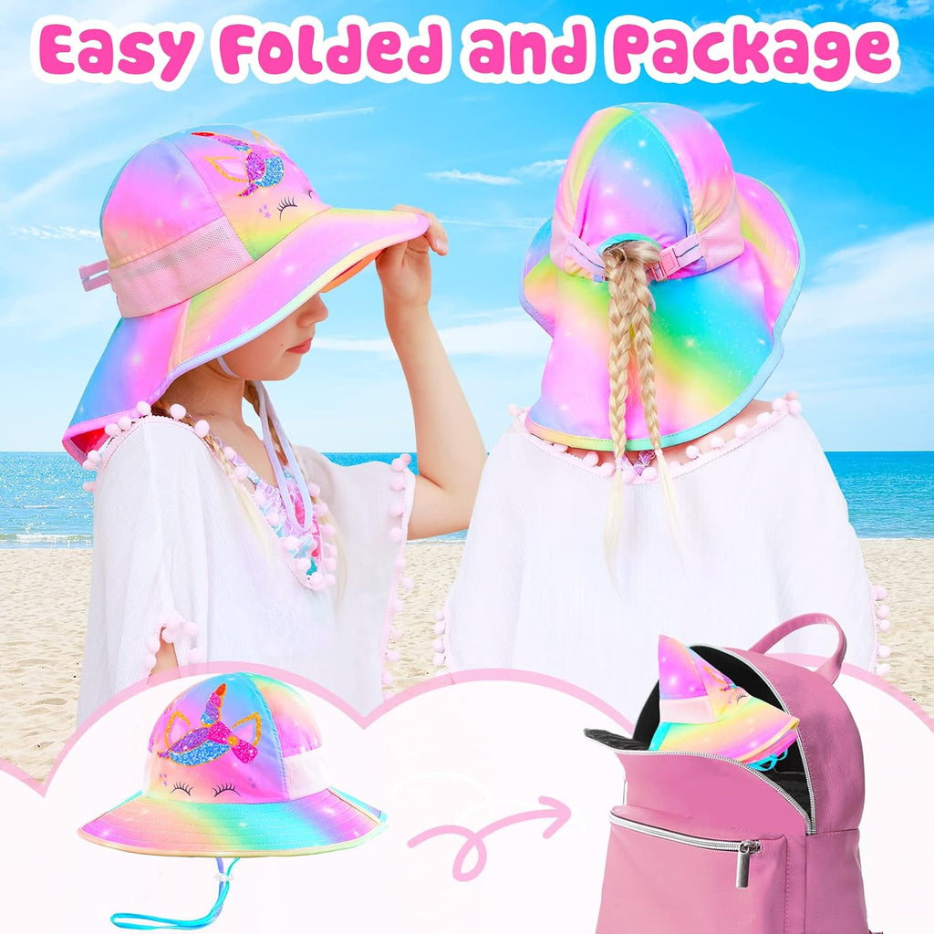 Girls Sun Hat for Kids UV Protection Unicorn Summer Hat Beach Play Hats Wide Brim Neck Flap for Girls Ponytail Hat