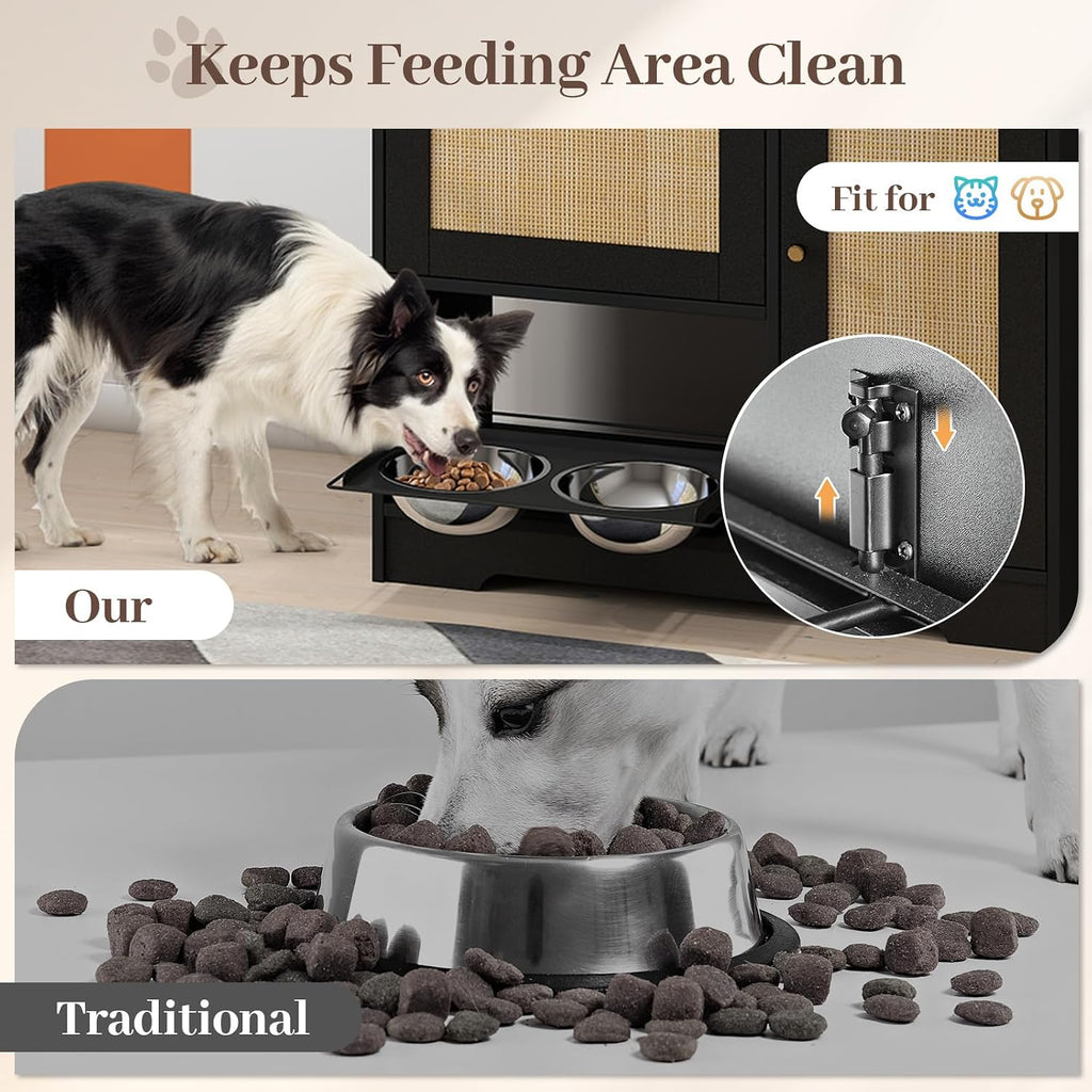 Dog Feeding Station with with 2 Elevated Dog Bowls, Dog Food Storage Cabinet with with Storage and Hooks, Hidden Pet