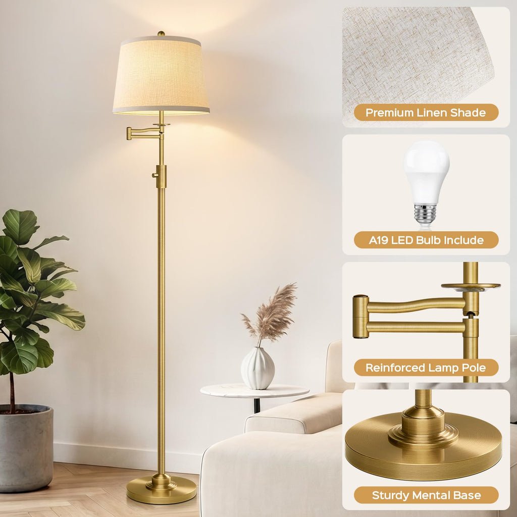 Dimmable Floor Lamp with 350° Swing Arm, 9w Bulb Included, Gold Brass