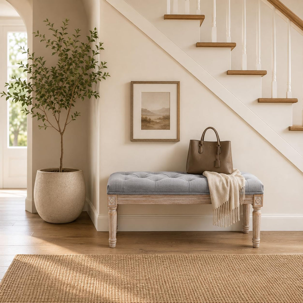 Tufted Entryway Bench, Upholstered Rustic Ottoman Bench, 31.5" x 15.75" x 15.7" Gray