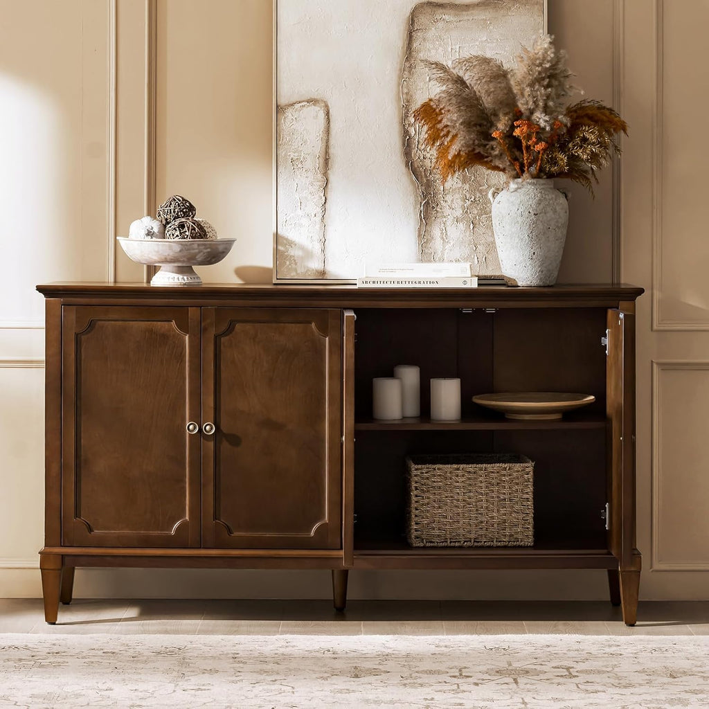 Mid-Century Modern Sideboard Cabinet, 4-Door Storage Buffet, 58" W x 15.75" D x 32.2" H, Adjustable Shelves