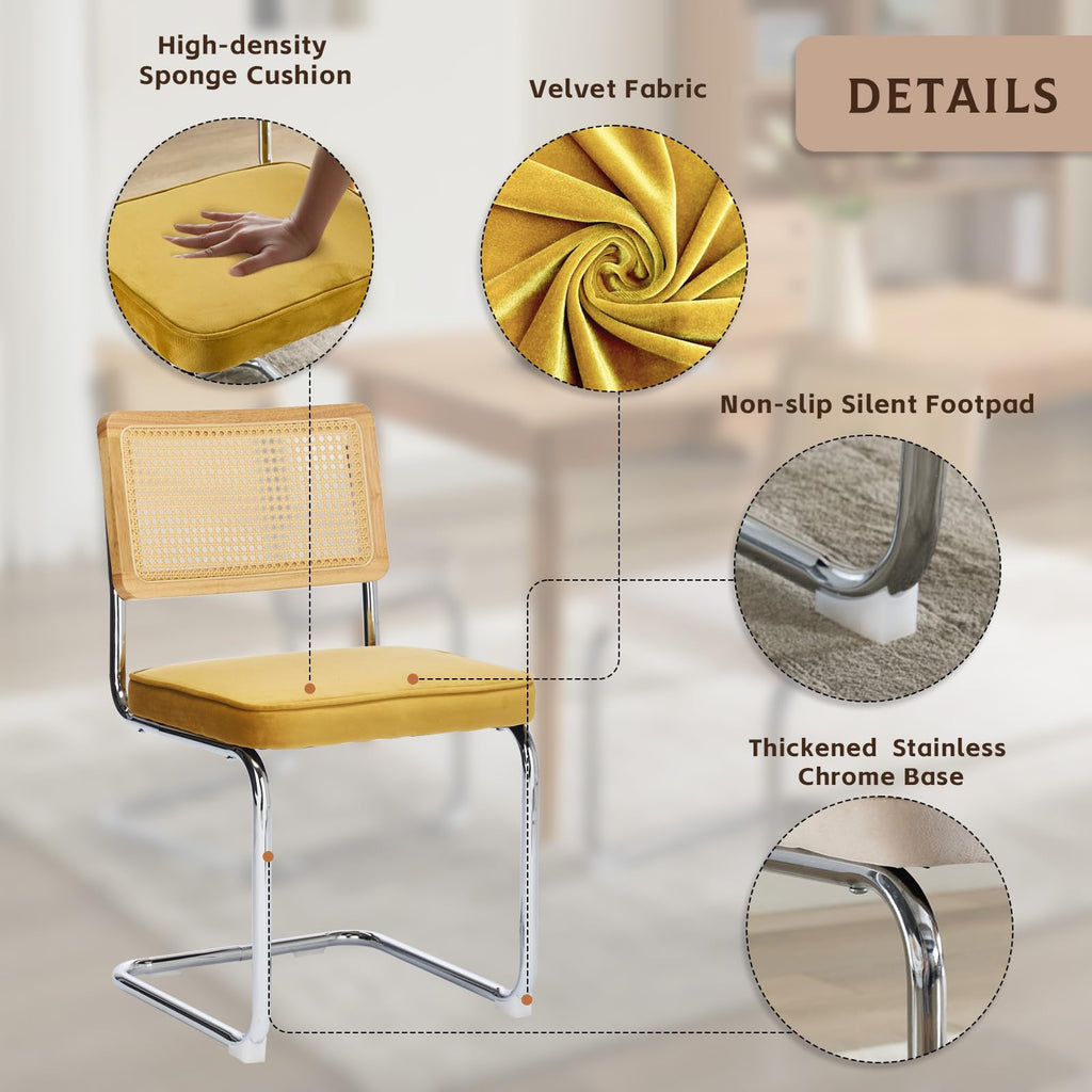 Rattan Dining Chairs Set of 4, Upholstered Mid-Century Modern Dining Room Chairs with Cane Backrest, Retro Velvet