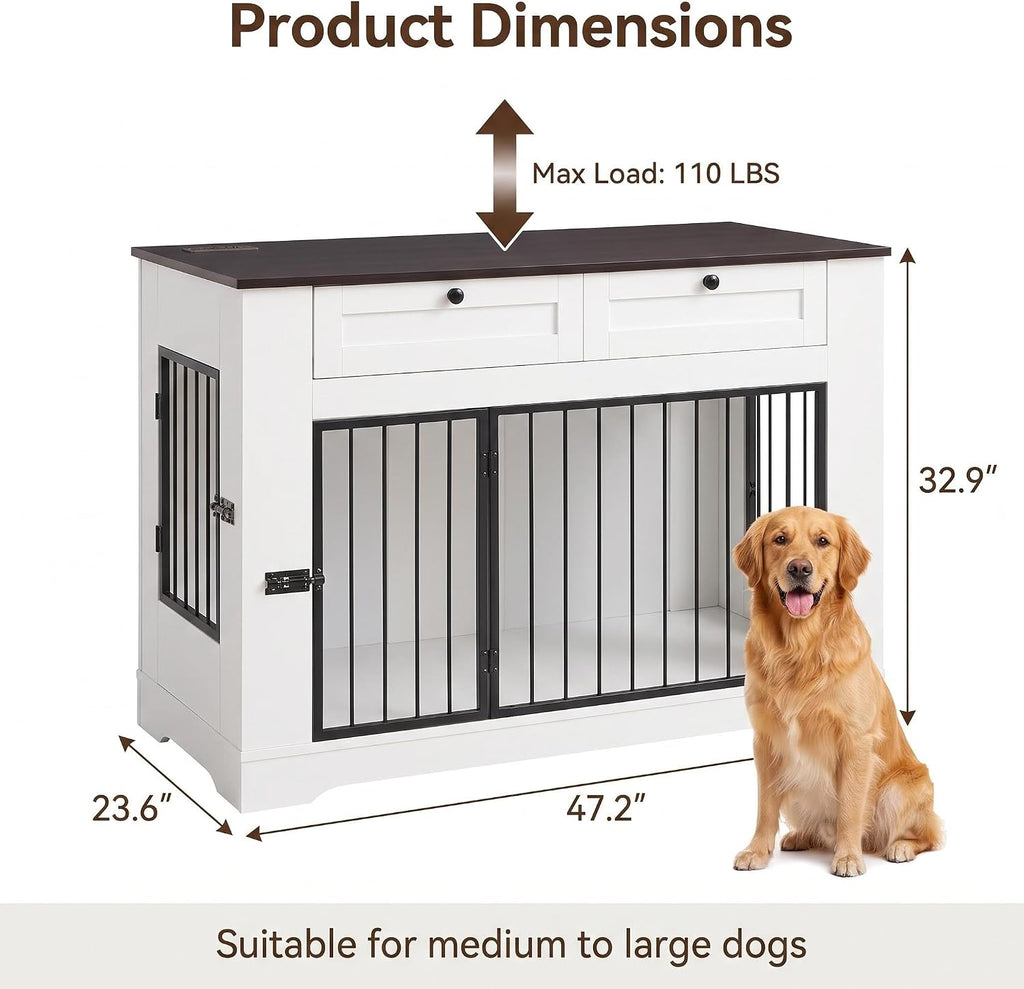 Dog Crate Furniture with Storage Drawers & Power Outlet
