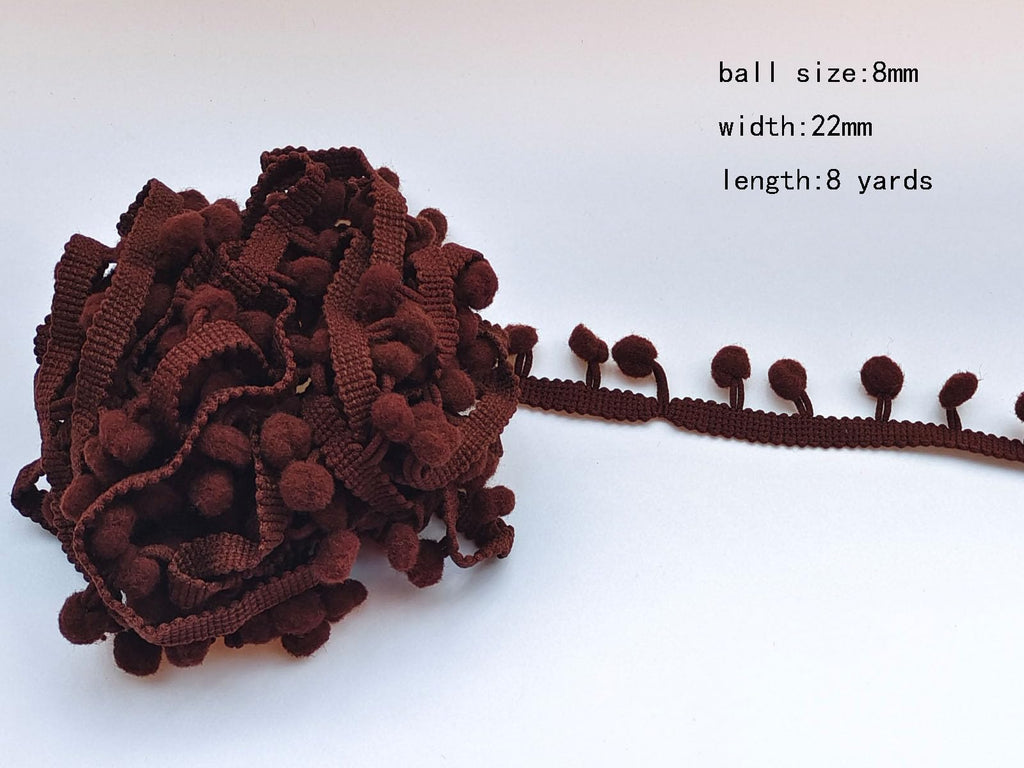 Pom Pom Trim 8 Yards 8mm Ball Fringe Trim for Sewing Accessory Decoration DIY Crafts (Dark Brown, 8mm 180822)