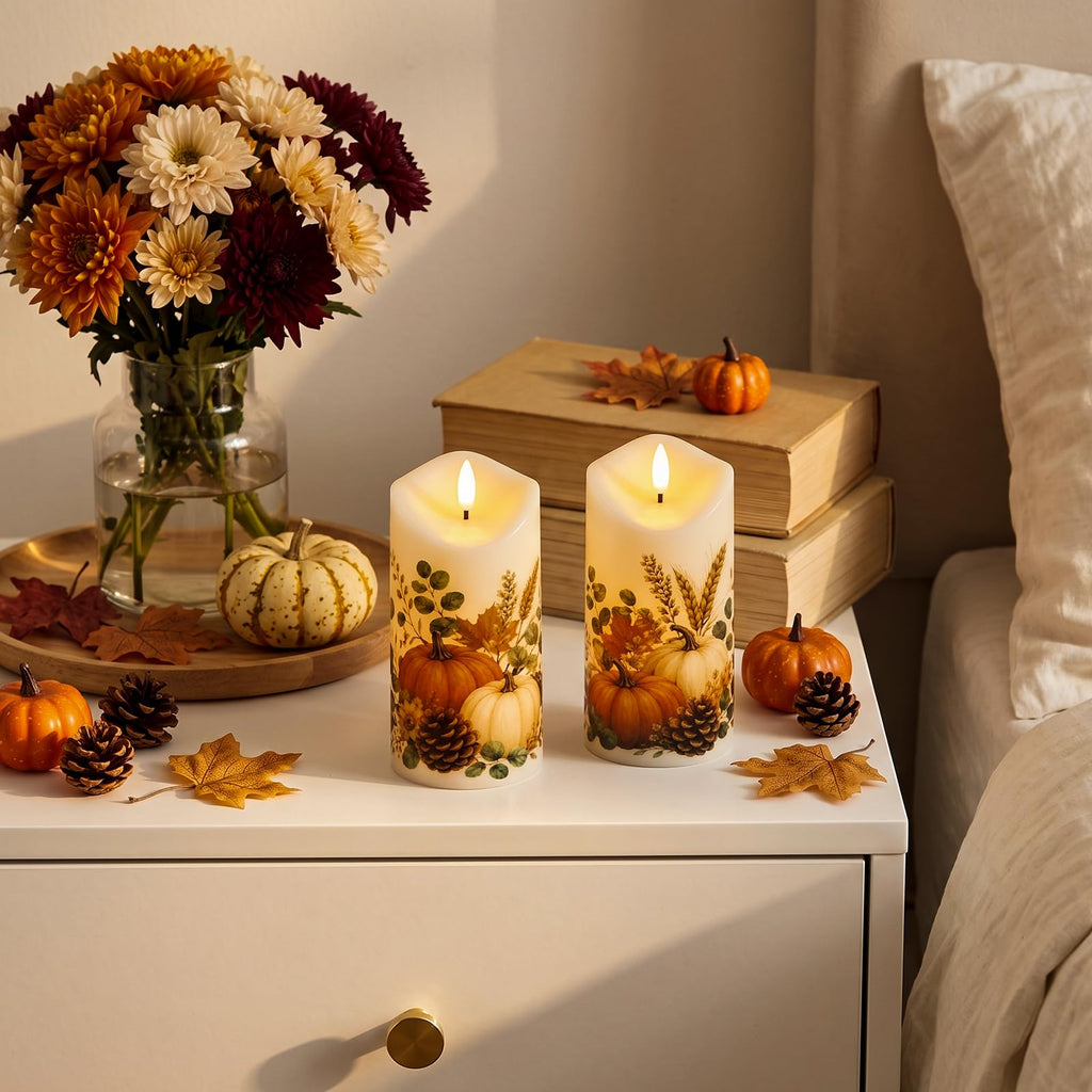 Fall Decor, Flameless Pumpkin Pillar Candles with Remote