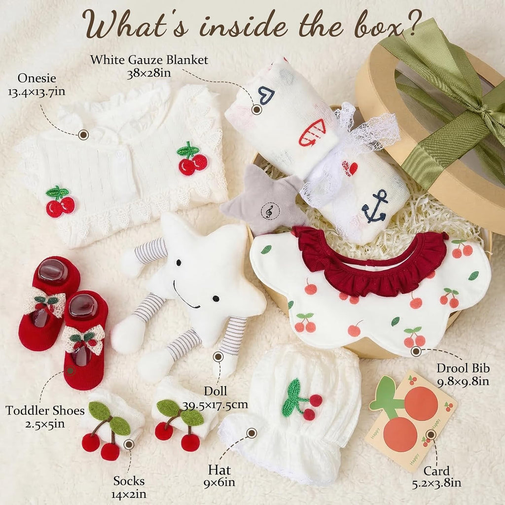 Cherry Baby Shower Gifts for Girls, Baby Girl Gifts Baskets with Musical Plush Toy, Blanket/Bodysuit Set, New Born