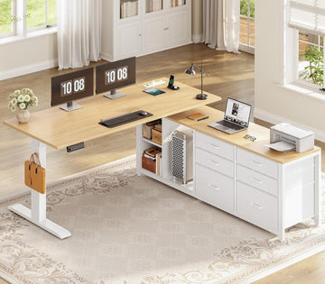 L Shaped Electric Standing Desk, 55" x 55" Height Adjustable Office Executive Desk with 6 Fabric Drawers and Storage