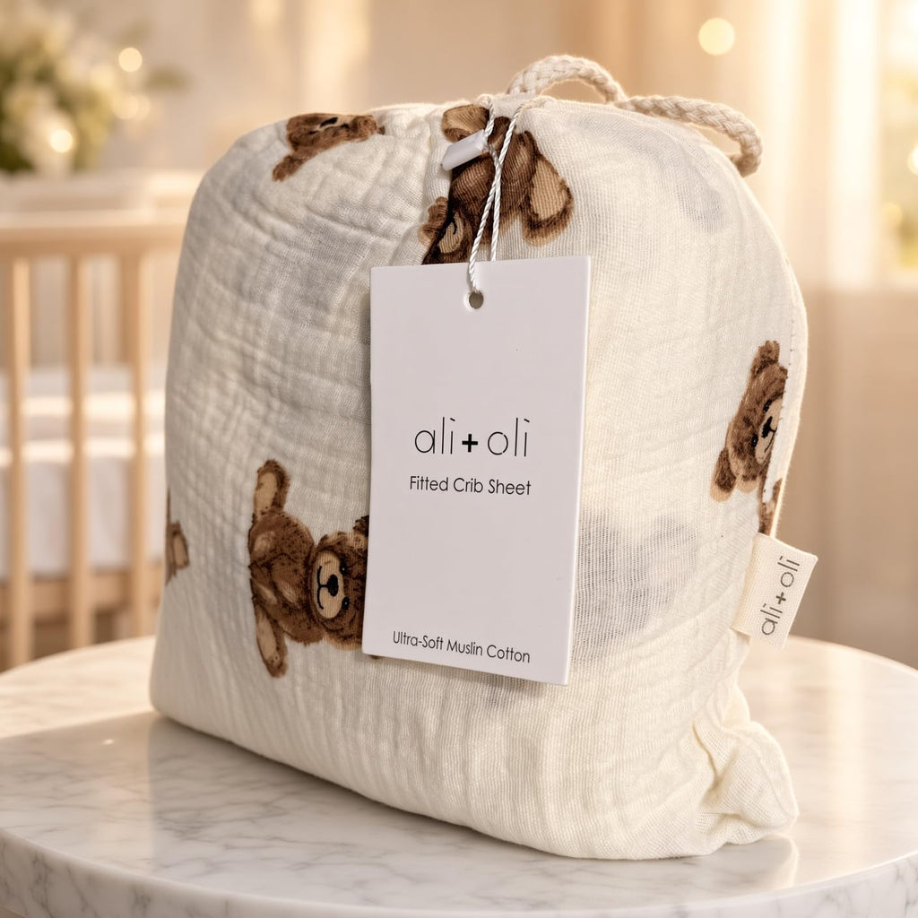 Teddy Bear Print Muslin Fitted Crib Sheet, Soft Breathable Cotton, 52 x 28 inches, Cream and Brown