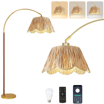 Vintage Arc Floor Lamps Farmhouse Wood Floor Lamp with Remote Control, Dimmable Rattan Floor Lamp Boho Standing Lamp