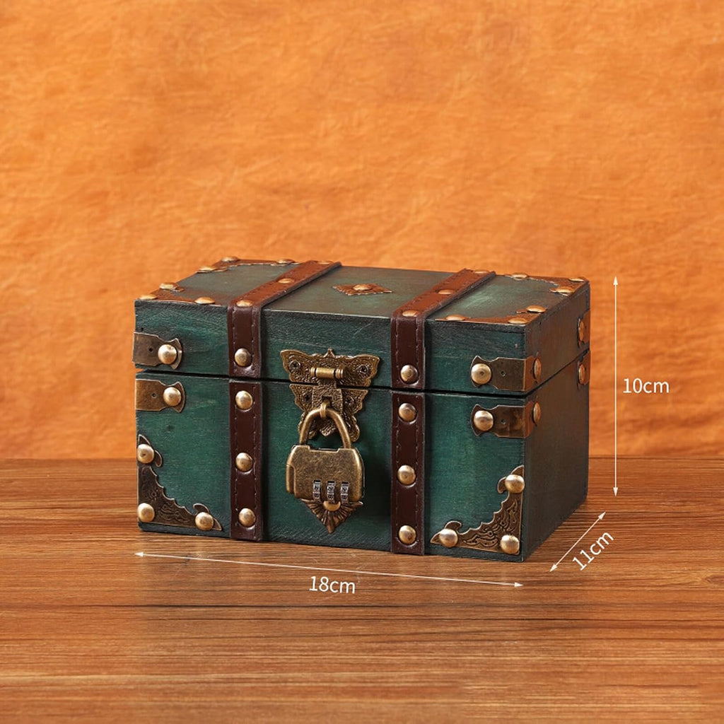 Vintage Wooden Treasure Chest Box with Lock Small Rectangle Antique Wood Jewelry Storage Boxes European Decorative