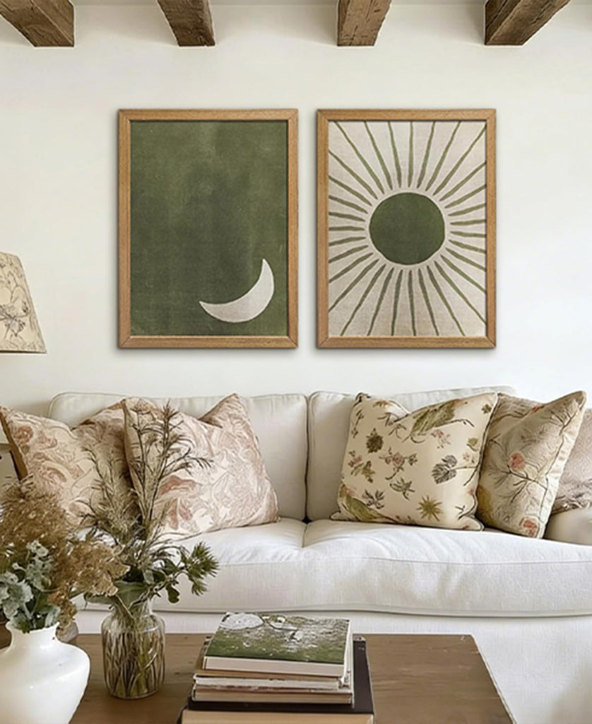 Sage Green Boho Wall Art Set of 2, Wood Framed Sun and Moon Decor, Minimalist Mid Century Modern Celestial Prints