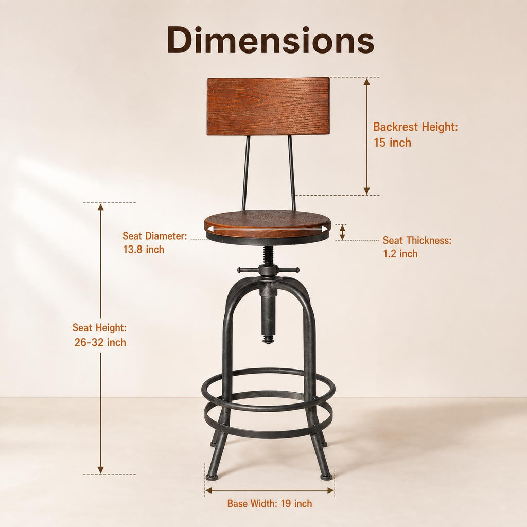 Set of 2 Industrial Bar Stools with Backrest 26-32inch Counter Height Adjustable Rustic Kitchen Island Stool Vintage