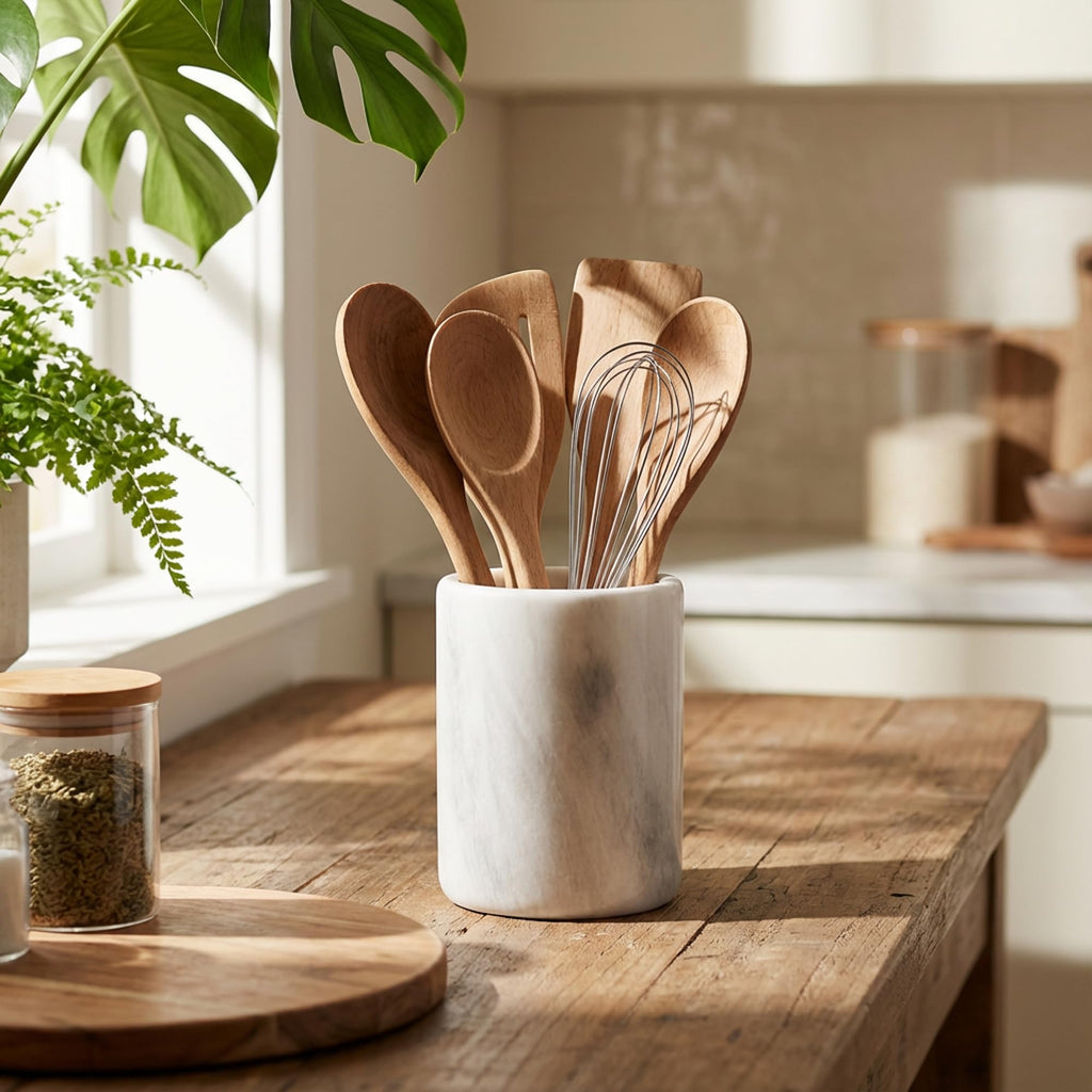 Marble Utensil Holder Kitchen Counter, 6.5 Inch Spoon Crock