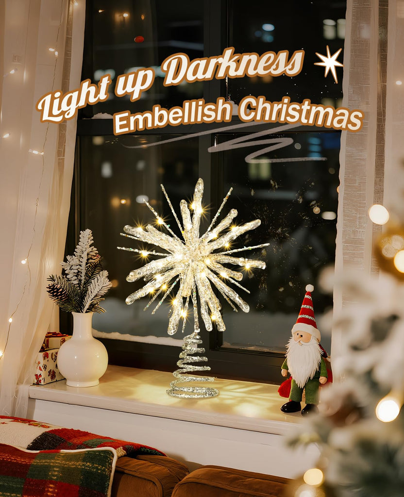 Christmas Tree Topper, Starburst Crystal Lighted Tree Star, Silver