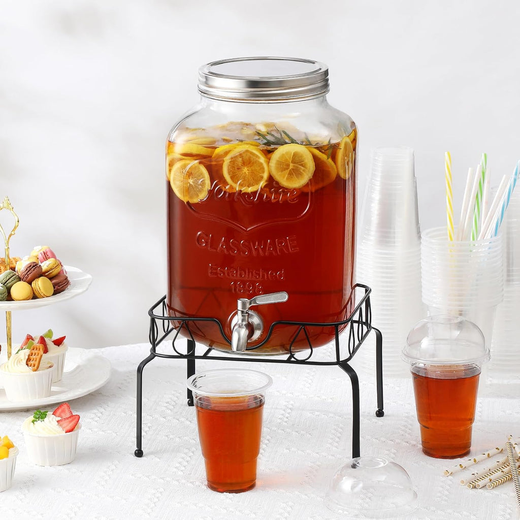 2 Gallon Glass Beverage Dispenser with Stand and Lid, 18/8 Stainless Steel Spigot - Glass Drink Dispensers for
