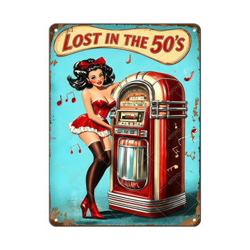 50s Pin Up Girl Tin Sign Vintage Jukebox And Red Dress Metal Sign for Garden Yard Bar Porch Home Bedroom Club Wall