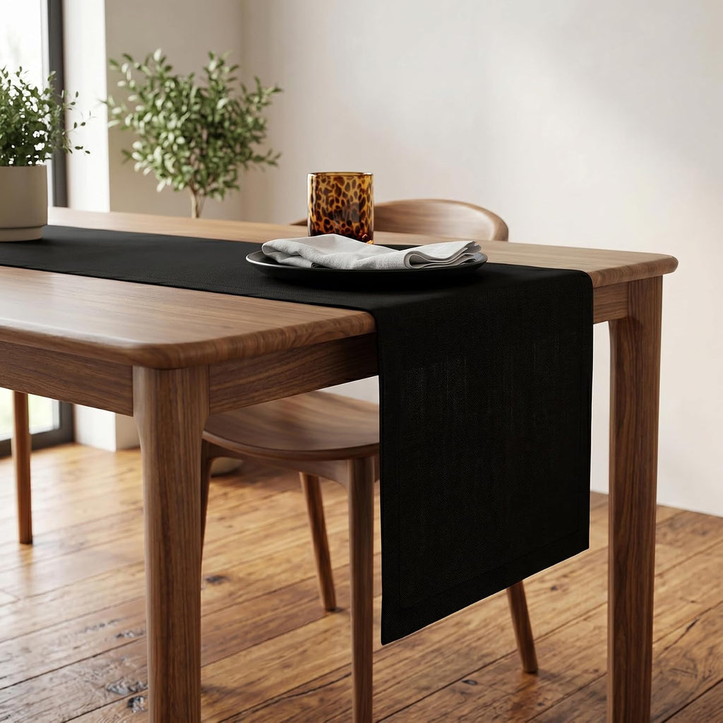 100% Linen Dining Table Runner Black Woven, Fete 14 x 60 in | Table Runners for dining, console and side tables |