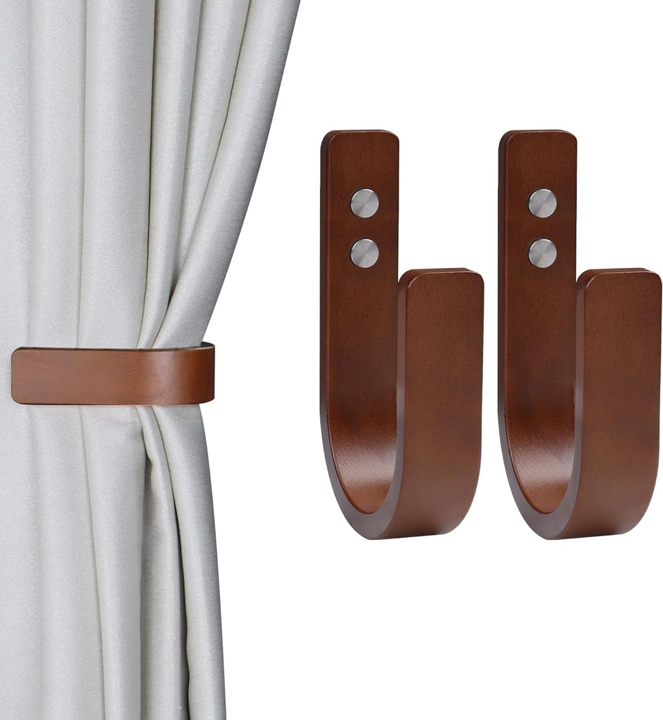 2 Set Curtain Tiebacks & Holdbacks - Natural Wood Wall-Mounted U-Shaped Hooks with Stainless Steel Screws, Durable
