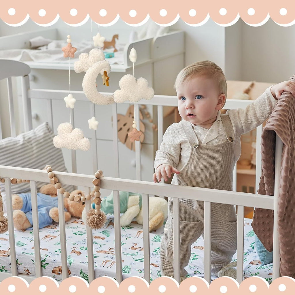 Crib Mobile for Boys Girls, Cute Stars Moon Cloud Boho Gender Neutral Hand-Crocheted Mobile for Baby Nursery Ceiling